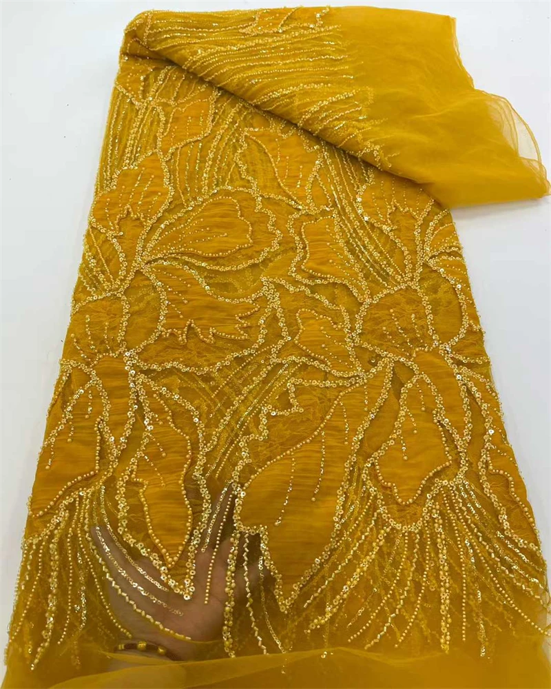 High Quality African Sequins Beaded Lace Fabric for Wedding Dress French Nigerian Style Embroidery Beadwork