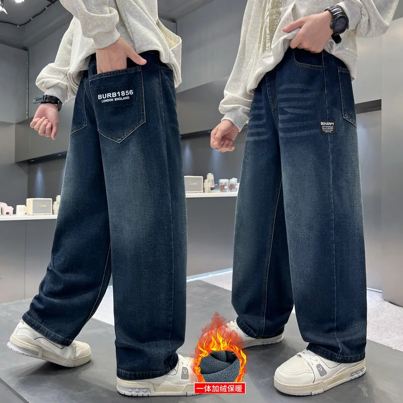 Kinder Jungen Winter Warme Streetwear Jeans Mit Buchstaben Mode Kind Fleece Isolierte Denim Hosen Für Jugendliche 5, 7, 9, 11, 13, 14 Jahr