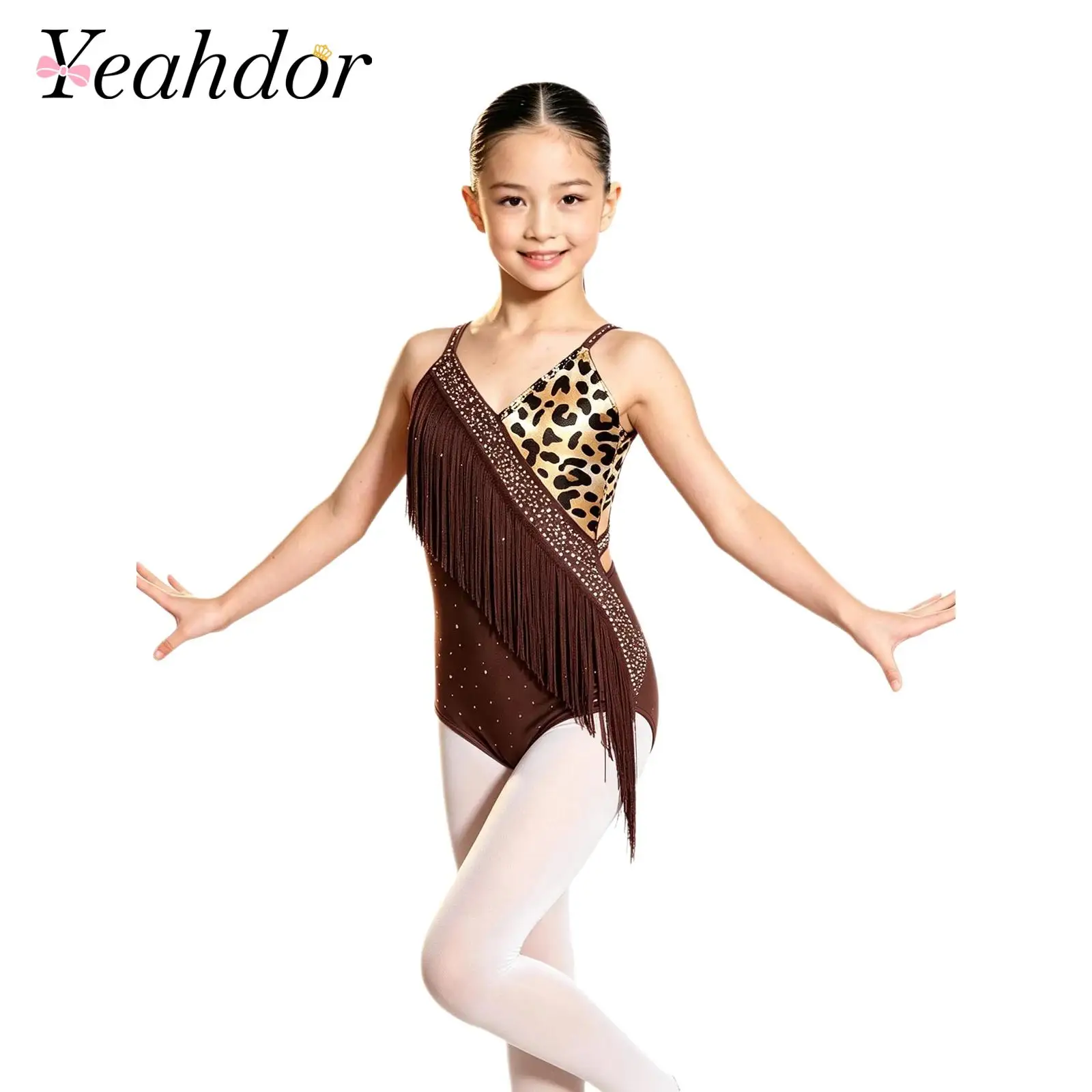 Kids Girls Latin Dance Leotard Spaghetti Straps Bodysuit Tassel Jumpsuit for Ballroom Dance Performance Competiton Costumes