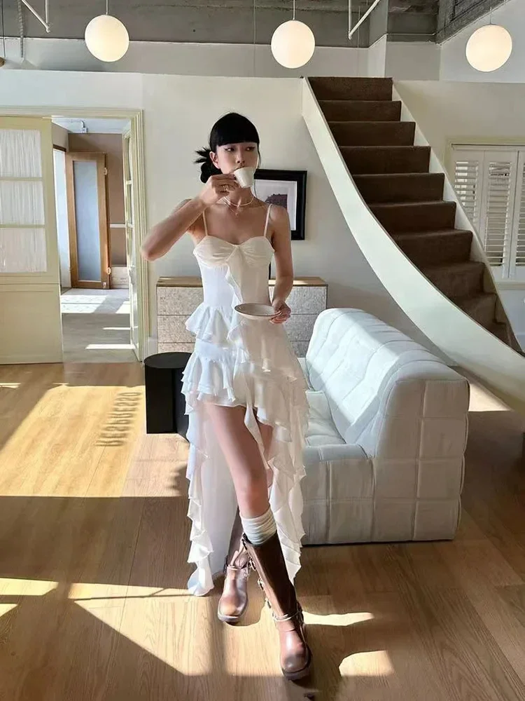 Y2K Streetwear Abito a canotta in pizzo Donna Estetica Ruffle Slim Abito irregolare Summer Club Party All Match Abiti da donna