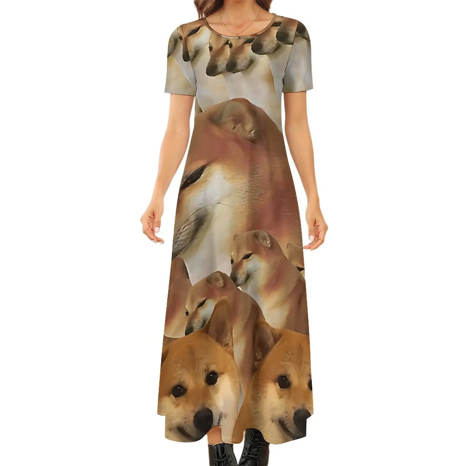 Shiba Memes Dress Funny Dog Print Vintage Maxi Dress Aesthetic Bohemia Long Dresses Female Short Sleeve Oversized Clothing