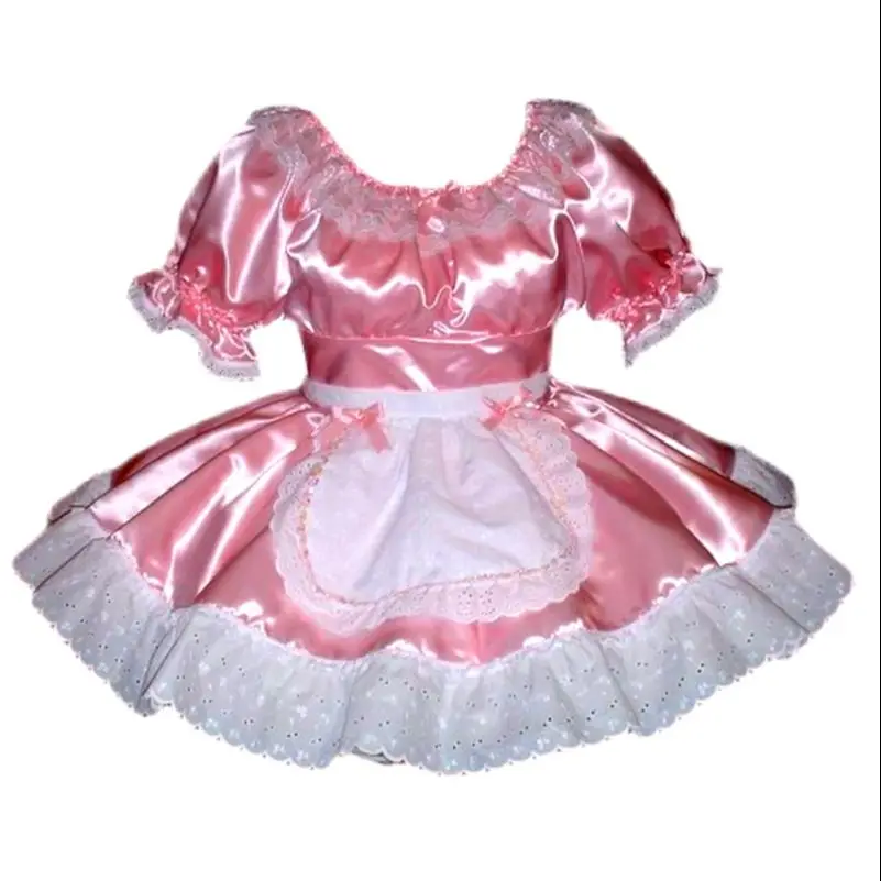 

French Adult Sexy Cross-dressing Princess Girl Pink Satin Dress Lockable Uniform Apron Sissy Dress Cd/Tv Custom Multiple