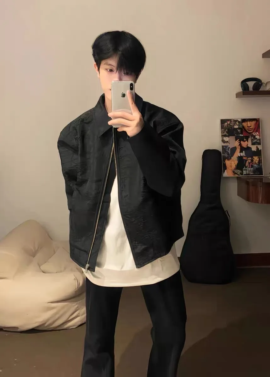 

Retro American Cleanfit ort oulder Pad Jaet Men's Spring Autumn Sle High Street Trend Brand Motorcycle Jaet