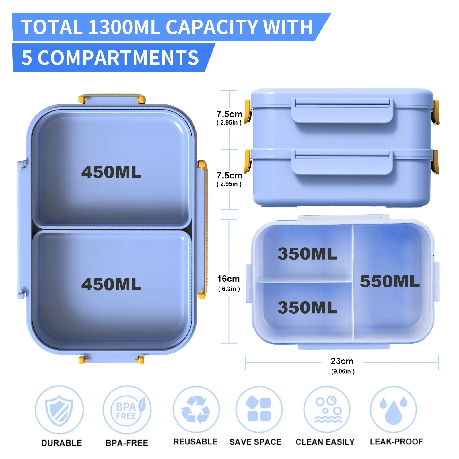 صندوق غداء بينتو قابل للتكديس للأطفال البالغين، حاويات تخزين الطعام المقاومة للتسرب سعة 2150 مل لتناول الطعام والعمل والنزهة والمدرسة #2