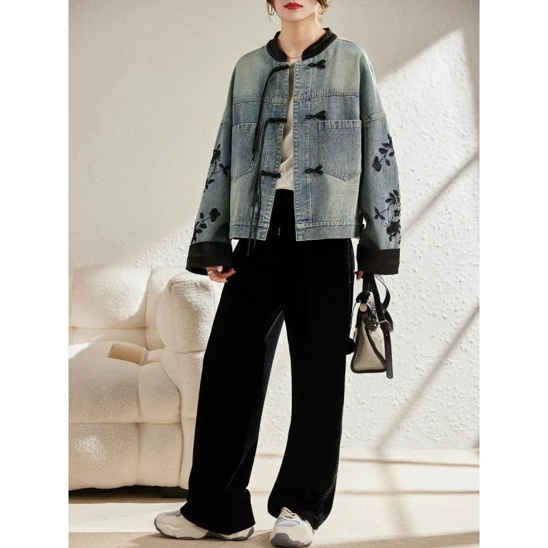 

New Chinese Style Spring Autumn Fashion Design Sensation Trendy National Wind Cotton TopLoose Women's Denim Jacket