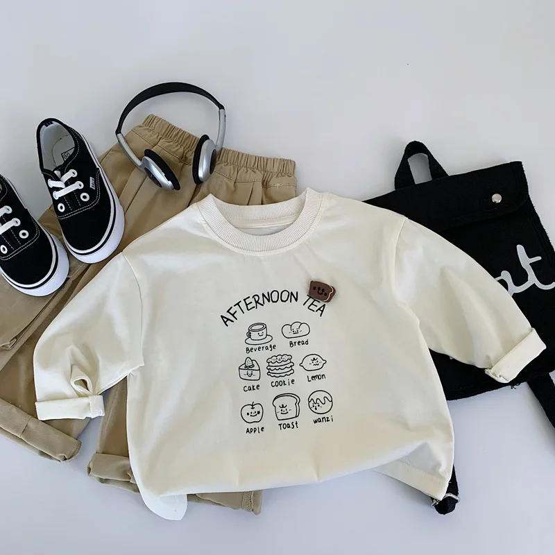 Boys Children Long-sleeved T-shirt  Grils Cartoon Pure Cotton Base Shirt Spring Autumn Korean Loose Casual Top Solid