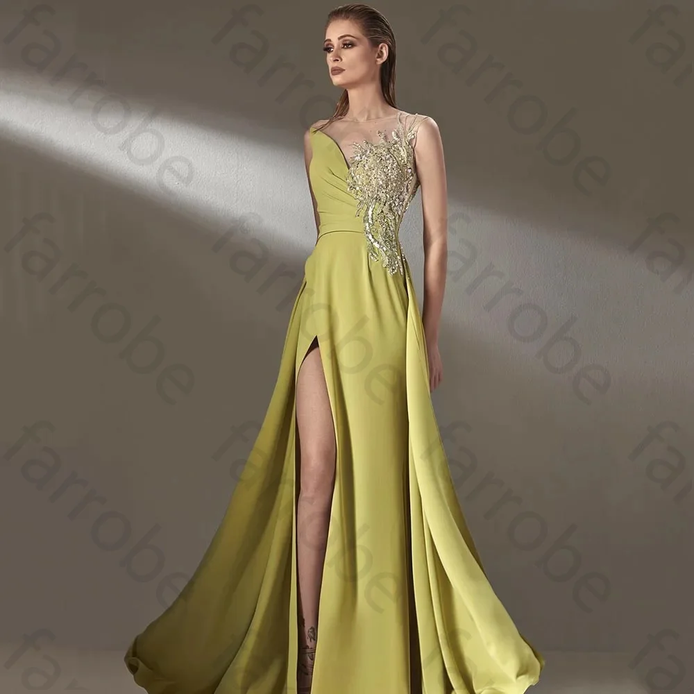 Customized Olive Green Evening Dresses Jewel Sleeveless Pleats Beaded Sequined Floor Length Party Prom  With Slit Formal Gowns