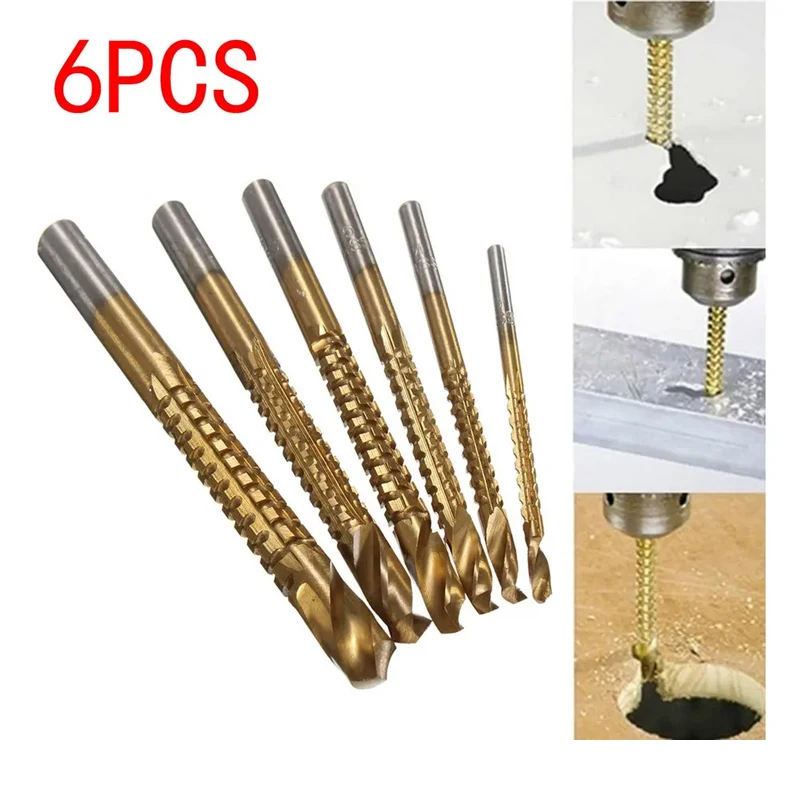 6pcs HSS Twist Drill Bits Set 3-8mm Serrated Grooving Cutting Tap Spiral Saw Wood Metal Plastic Hole Saw Titanium Drill Tools