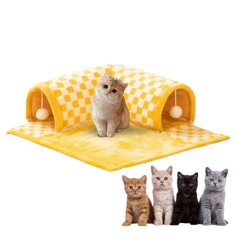 2 In 1Cat Tunnel Bed Checkered Tunnel Bed With Fluffy Toy Ball Foldable Soft Cat Cave Tube Detachable Pet Play Tunnel supplies