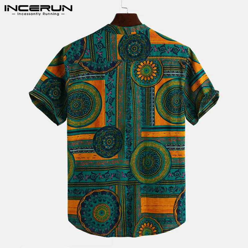 INCERUN-camisa informal con estampado Vintage para hombre, ropa de calle de manga corta con cuello levantado, S-5XL de ocio, vacaciones, 2024