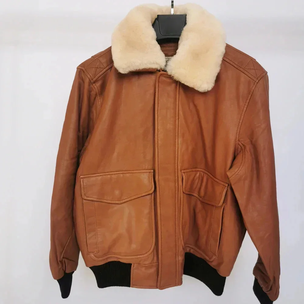 100% Sheepskin Soft Men Leather Jacket Quilted Flight Skin Coat Collar Removable Early Winter M176