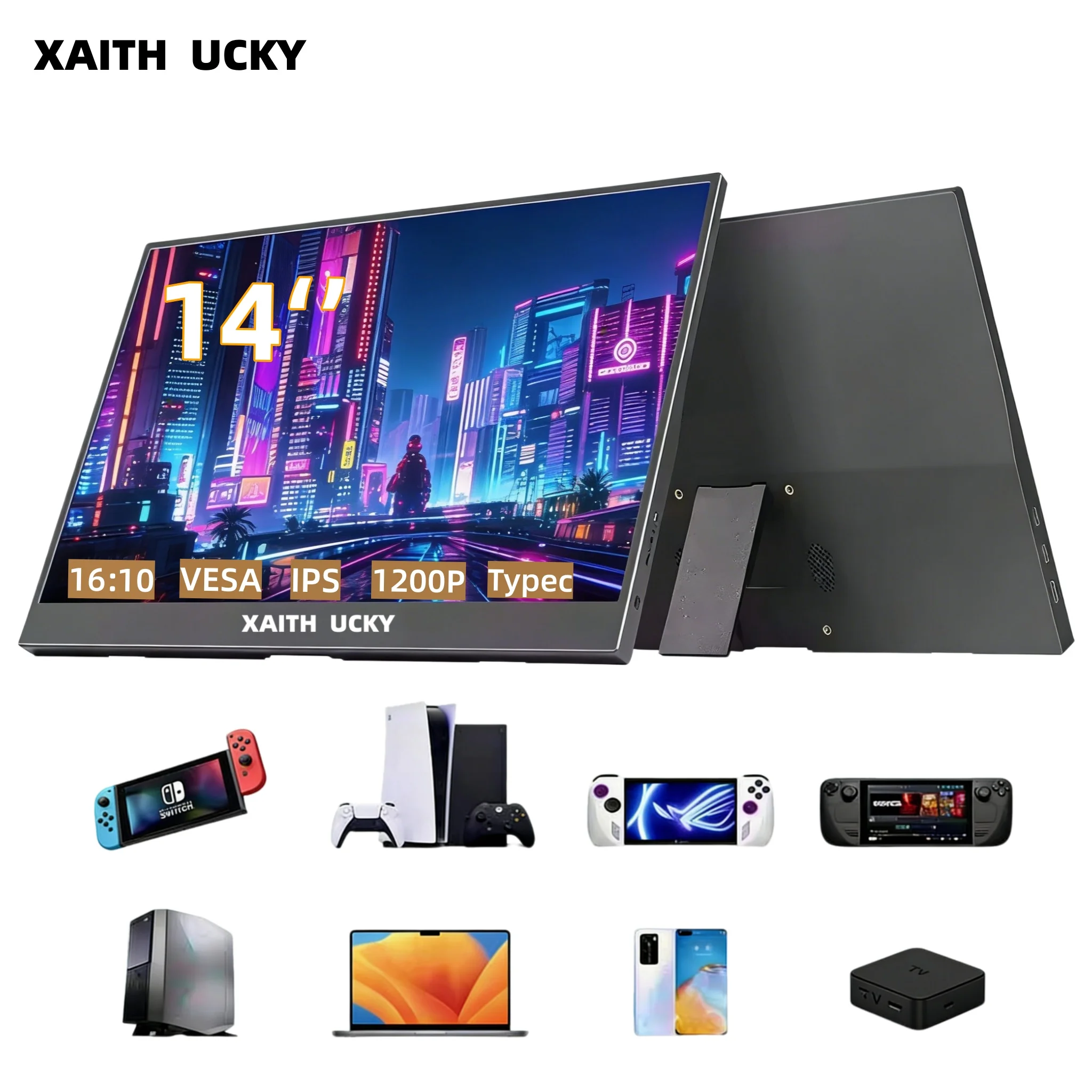 

Портативный монитор XAITH UCKY 14 дюймов FHD 16:10 с двумя динамиками, внешний экран для ноутбука, ПК, телефона, Xbox