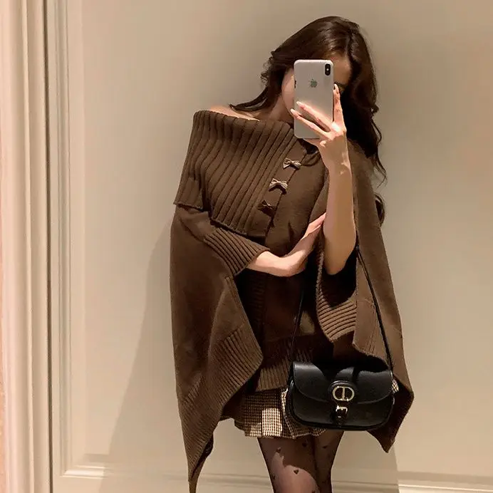 

Korea Women Autumn Winter Fashion Cloak England Style Chic Brown Knit Tops Sweet And Versatile Sweater