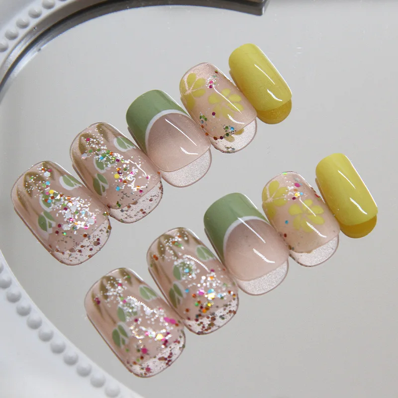 24pcs Short Coffin Press-On Nails - Solid Yellow With Tulip Glitter Accents Spring Vibes (Multi-Size Fit)