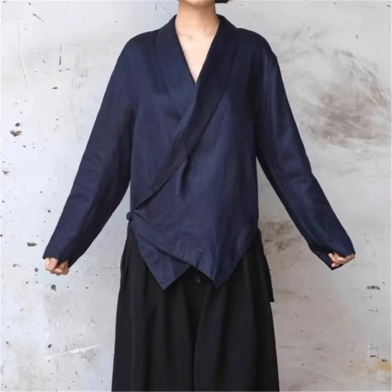 Limiguyue Elegant Navy Blue V-neck Blouse Design Irregular Hem Shirt Women Spring Autumn Basics Single Button Linen Top New 726P