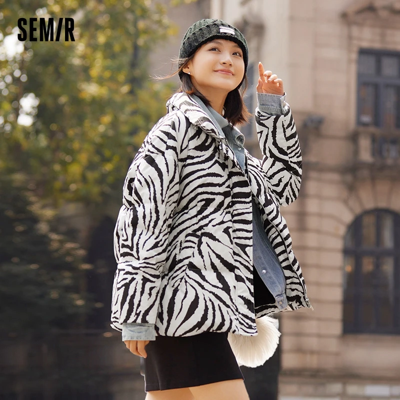 Semir Down Jacket Women Zebra Print Contrasted Color Denim Splicing 2023 Winter New Retro Loose Jacket