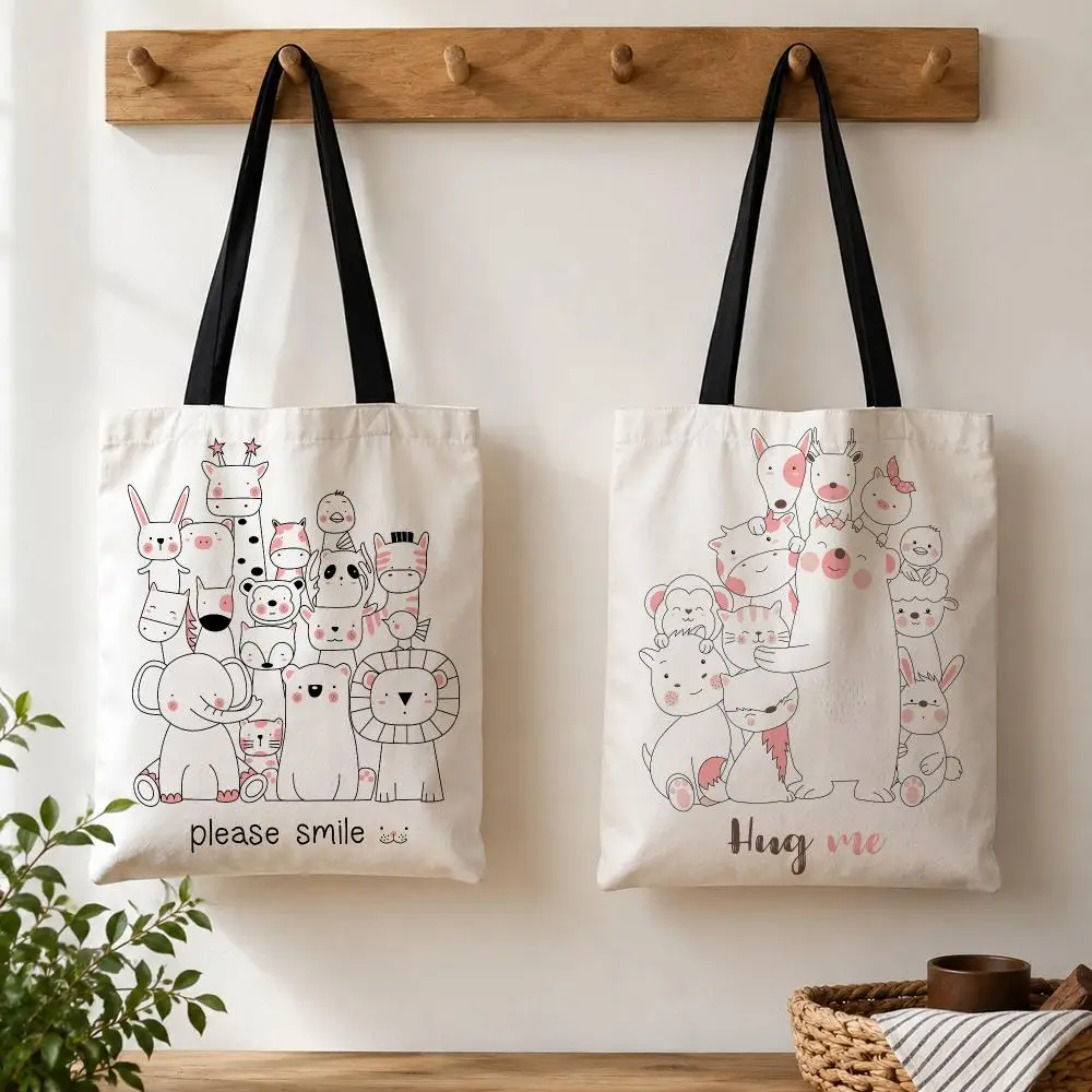 Cartoon Cute Animals Storage Bags Large Capacity Canvas Tote Bag Double-Sided Print Shoulder Handbag for Daily Shopping