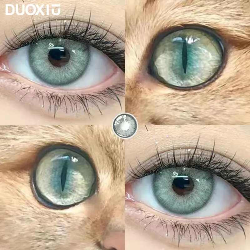 DuoXiu 1Pair Color Contact Lenses New Product Lan Cat Sclera Blue Green Lenses Degree Prescription -0.00 to -8.00 Beauty Pupils