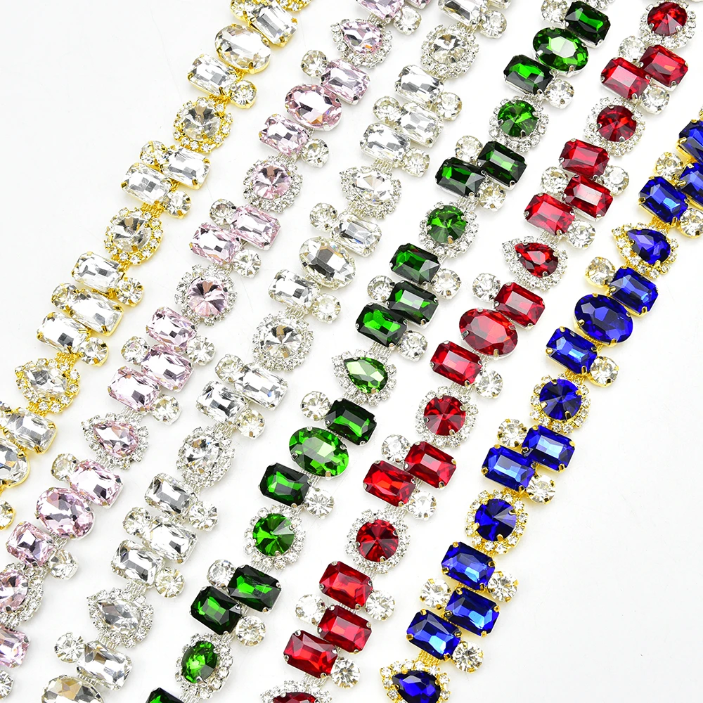 Mix Different Shape Rhinestone Silver Cup Chain Crystal Trim Metal Ribbon Necklace Decoration Wedding Dress Clothing Accessories