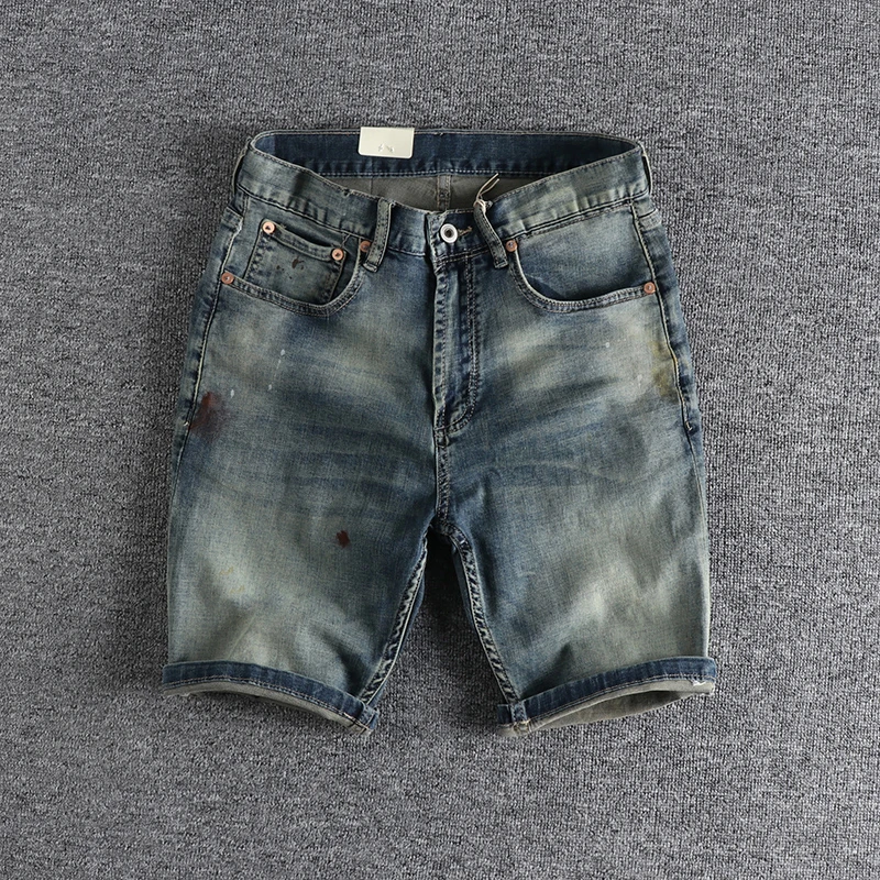 

397# Summer New American Retro Paint Spot Denim Shorts Men's Fashion 97% Cotton Washed Old Elastic Straight Casual 5-point Pants