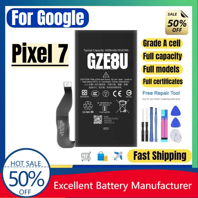 0 Cycle GZE8U Battery for Google Pixel 7 Phone High Quality Replacement Battery Grade A Cell Lithium Polymer Bateria with Tools
