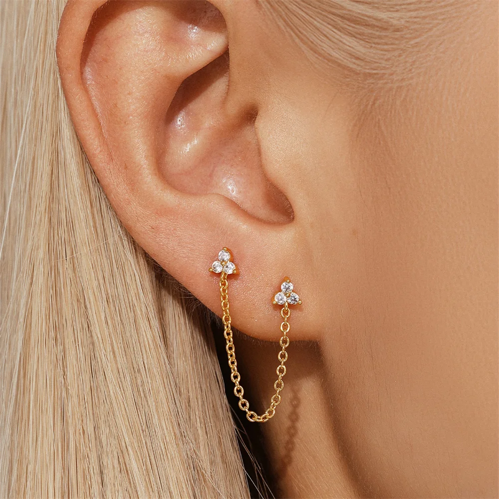 AIDE 925 Sterling Silver Temperament Cubic Zircon Stars Ear Stud Earrings 18K Gold Color Chain Zircon Pendant Jewelry For Women