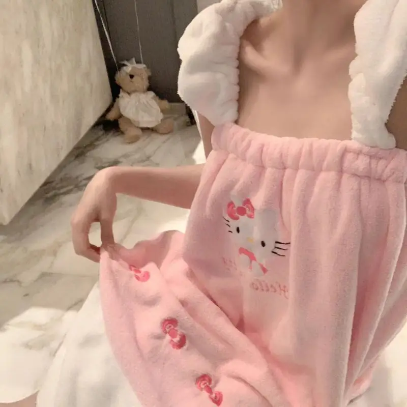 Ins Tagram Kawaii Hello Kitty Camisole Dress for Girls Cute and Sweet Shoulder Sleepwear Bath Towel Bathrobe Casual Home Wear ﻿