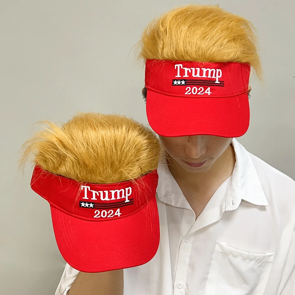 Trump 2024 Hat with Hair Summer Sun Hat Funny Embroidered Baseball Cap Adjustable Yellow Wig Hat Breathable for Men Women