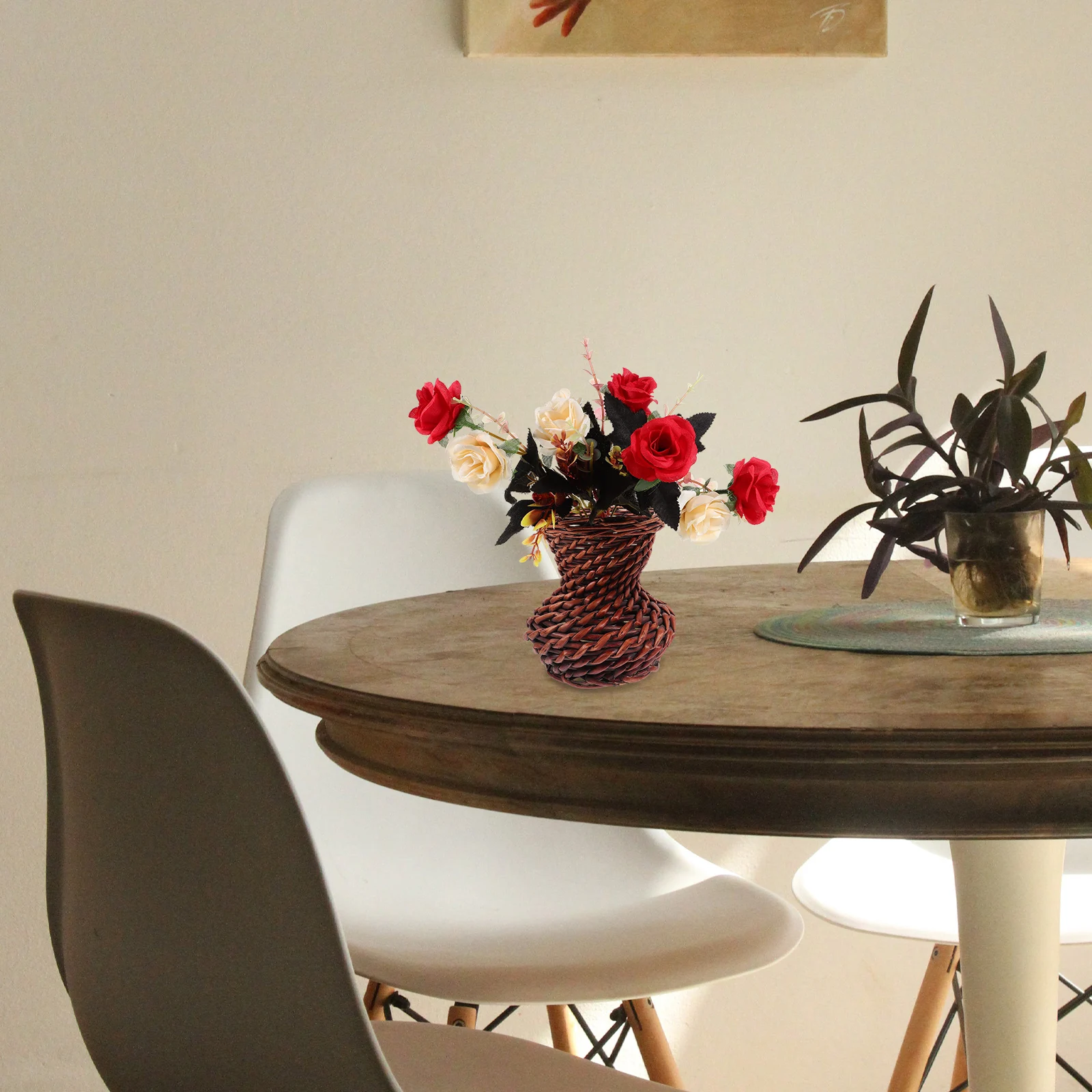 

Wicker Woven Dried Flower Decorative Plastic Vase Rustic Artificial Flower Holder Flat Living Room Bedroom Garden