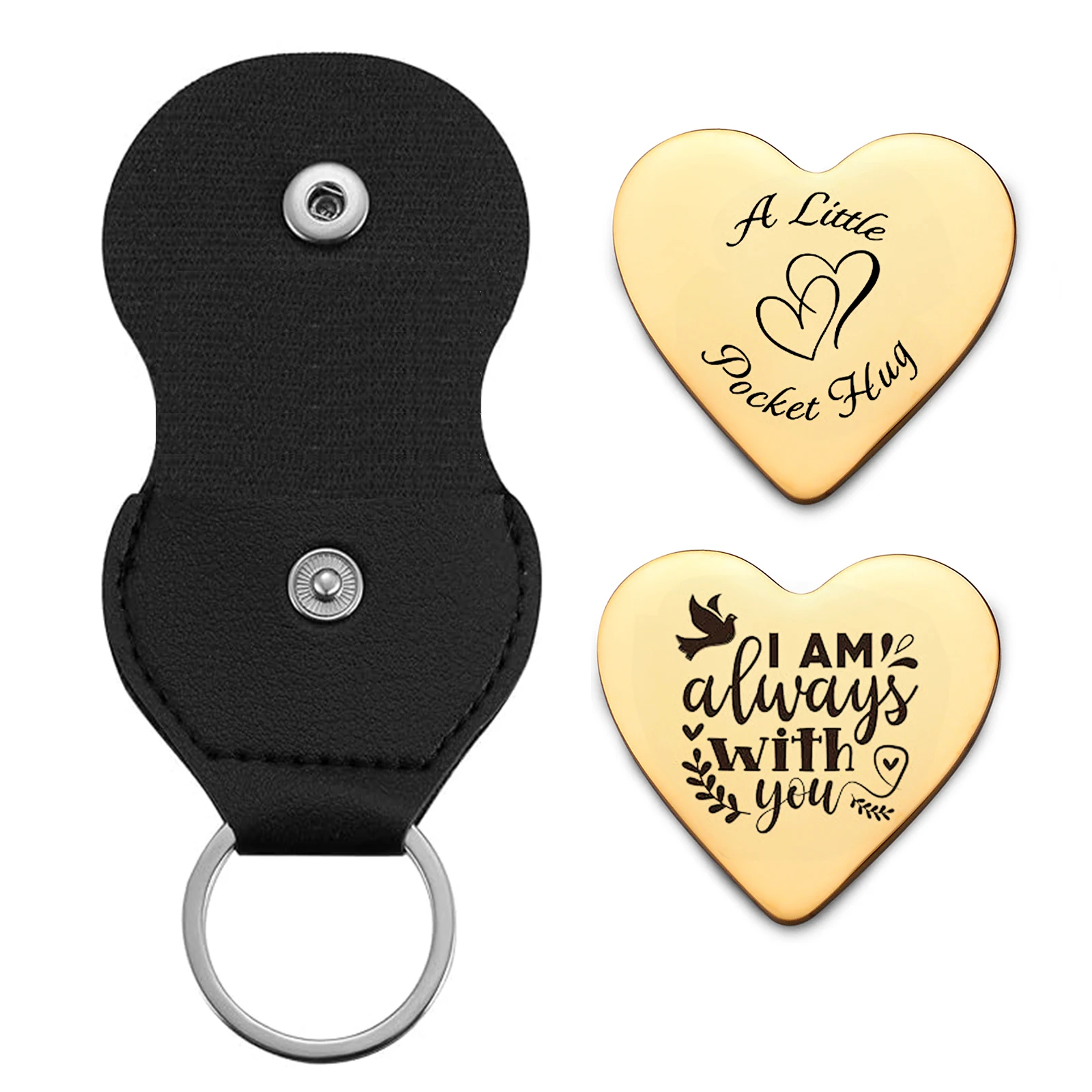 Stainless Steel Love Heart Pocket Hug Token Keychains Long Distance Gifts for Family with PU Leather Keychain Ring