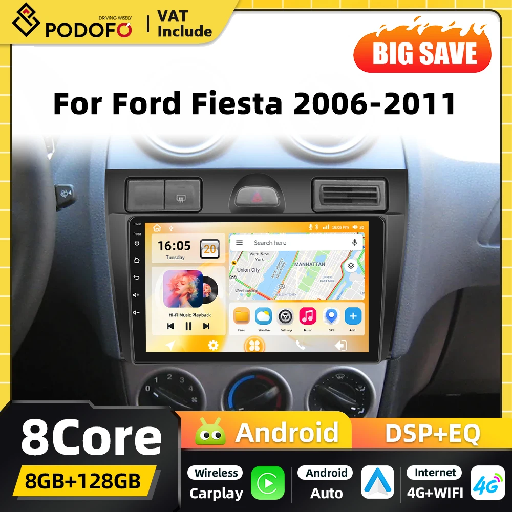 Podofo 8+128G 2din Android Autoradio Multimedia-Player für Ford Fiesta 2006-2011 Carplay Autoradio GPS-Navigation Android Auto WIFI DSP FM-Empfänger RDS