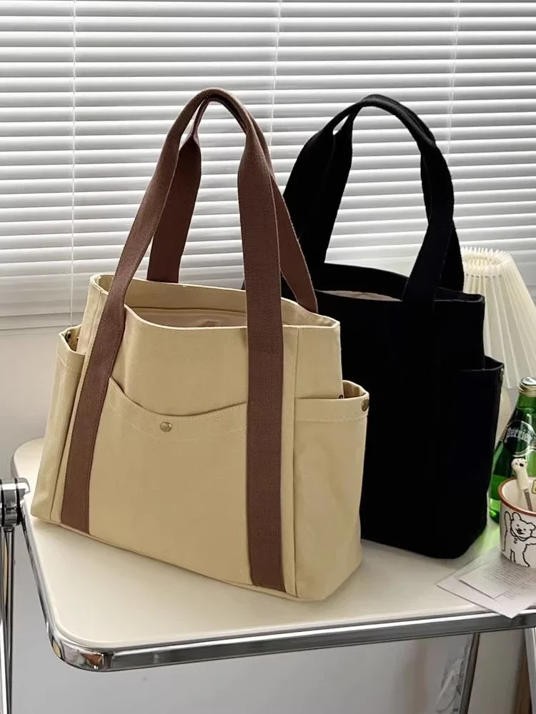 Große Canvas-Tragetasche, Schultertasche für den Arbeitsweg, Handtasche für Studenten, Büchertasche für den täglichen Gebrauch im Freien – Detail 32
