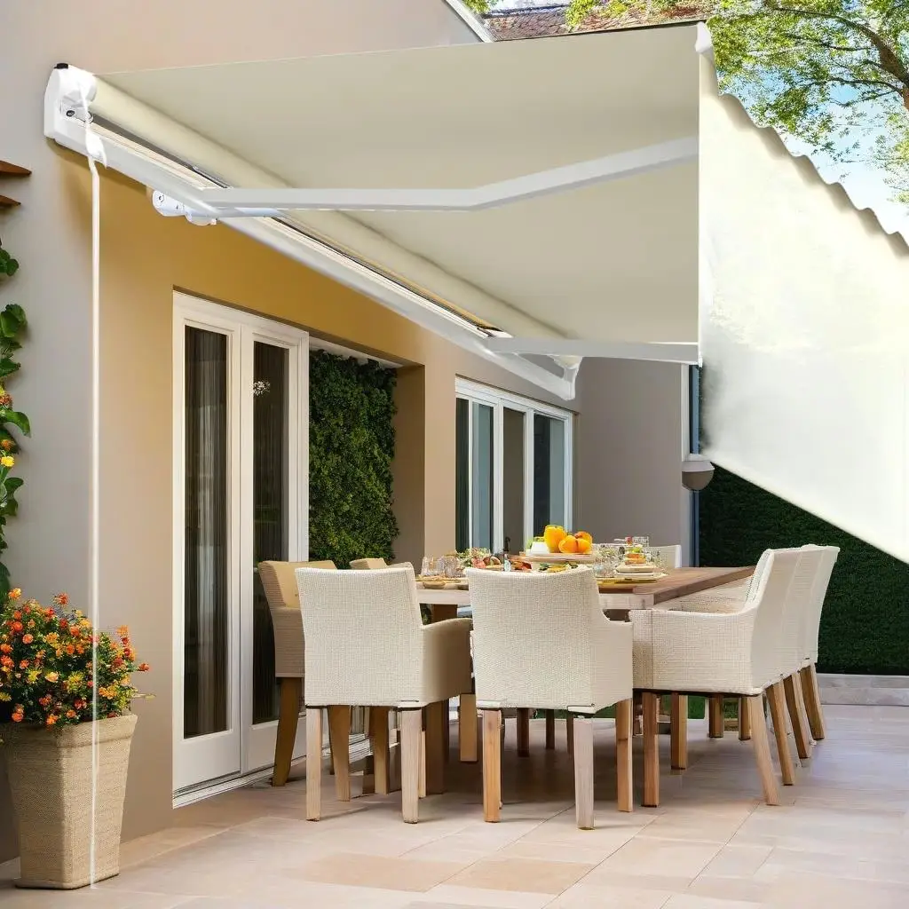 9.8'x8.2' Cream Automatic Retractable Awning with Built-in Blind for Outdoor Shade