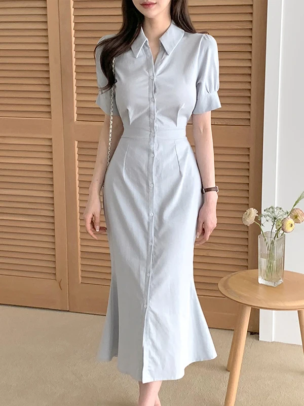 Elegant Women's Dress 2025 New Fashion Retro Turn-down Collar Single Button Slimming High Waist Commute Korean Style Long Skirt