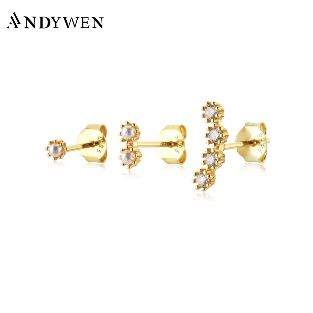 ANDYWEN 925 Sterling Silver Gold 3pcs/Set Pendiente White Tide Piercing Stud Earring Women Luxury Jewelry Fine Party Classic