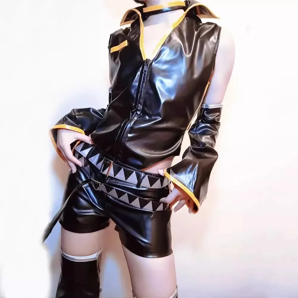 Len Anime Game Cosplay Costume Adult Unisex Leather PU Top Shorts Suit Halloween Punk Party Outfit Uniform Wig For Women Men