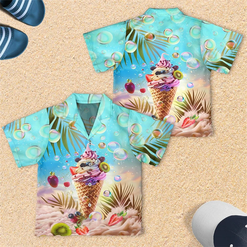 Abstract Icecream 3D Printed Lapel Blouse Hawaiian Chocolate Cone Ice Cream Boy Blouses Popsicle Aloha Short Sleeve Beach Shirts