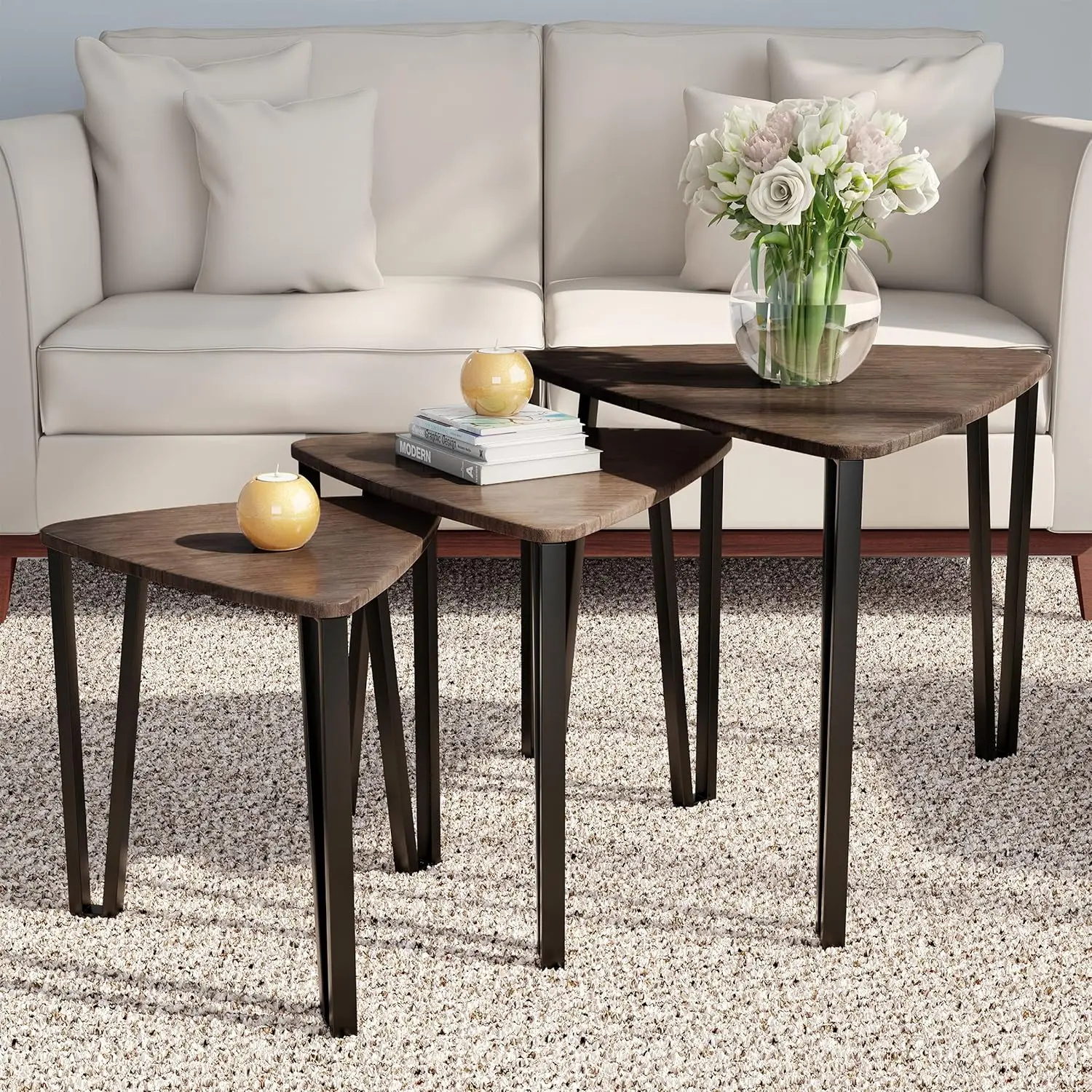 

Nesting Tables Set of 3, Modern Woodgrain End Tables for Living Room, Coffee Table Nightstand Accent Furniture