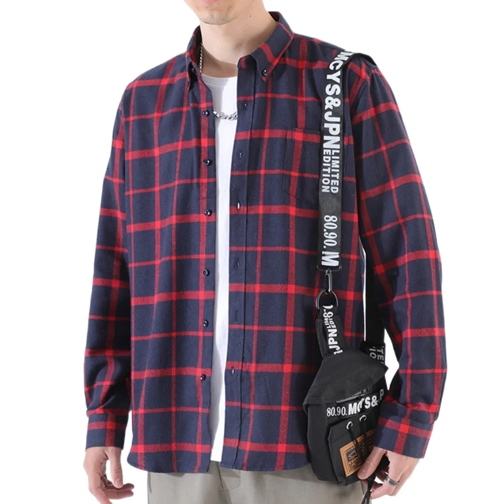 

Casual Cotton Men Blouse Lapel Large Size Grid Blouse Women Loose Streetwear Long Sleeve Overshirts Unisex Travel