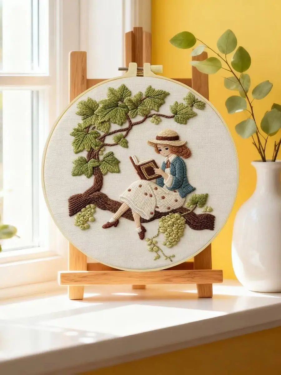 1 Stück 20X20CM/15X15CM 7,87/6,3 Zoll Das Mädchen, das ein Buch liest, Stickerei-Starter-Kit DIY-Kit DIY-Stickerei-Kit Handarbeiten – Detail 6