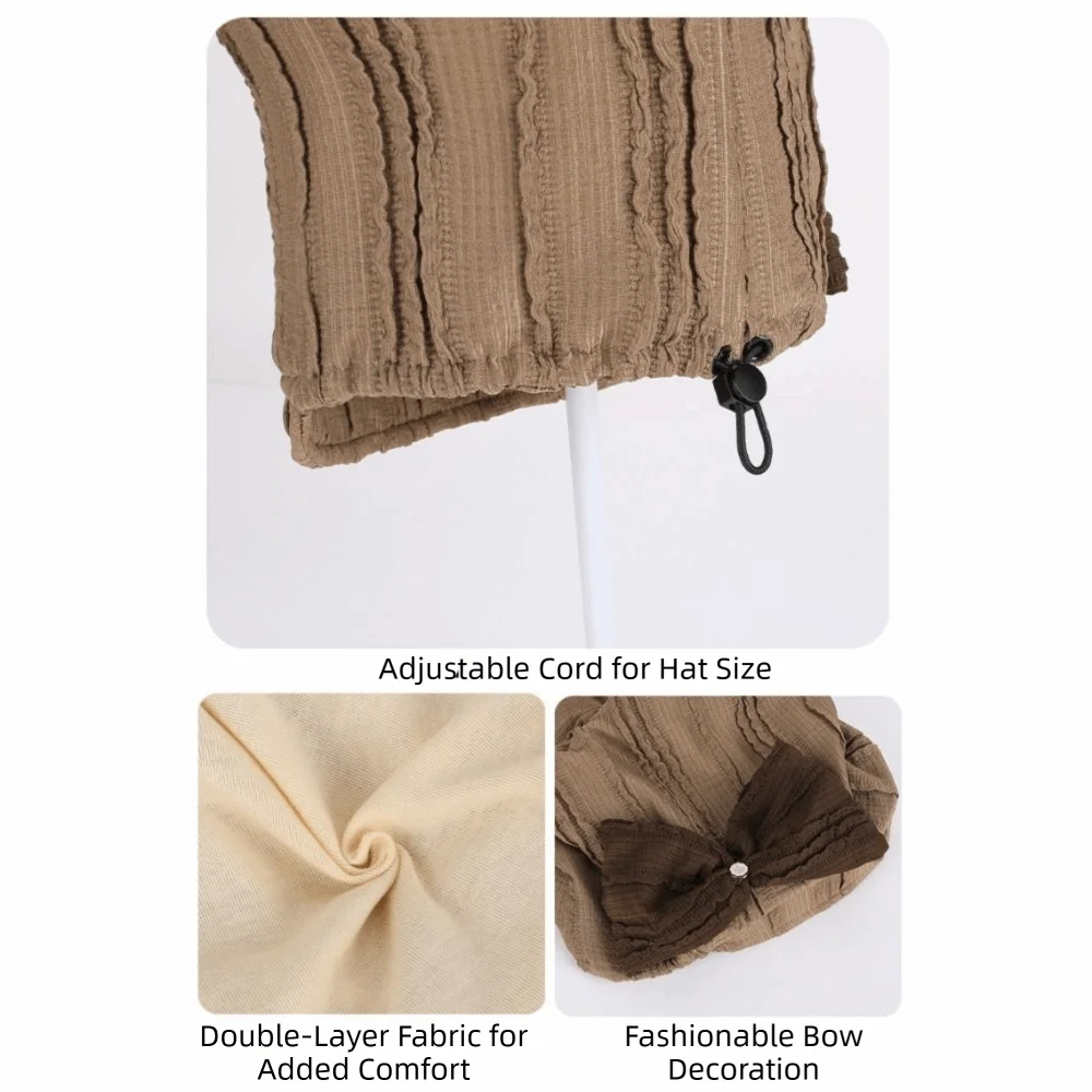 Soft Material Knitted Bucket Hat Foldable Design Bow Decoration Ear-Covering Hat Double-Layer Knitted Adjustable Drawstring