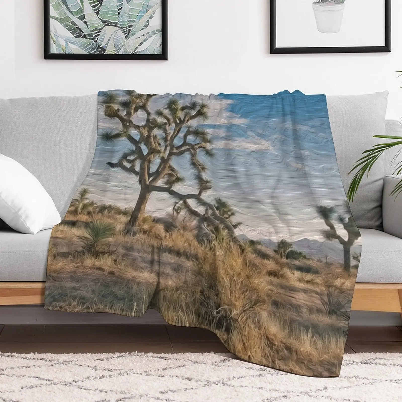 Digital Art Composition of Joshua Tree, Mojave Desert, California. Throw Blanket Flannels Hairy Blankets