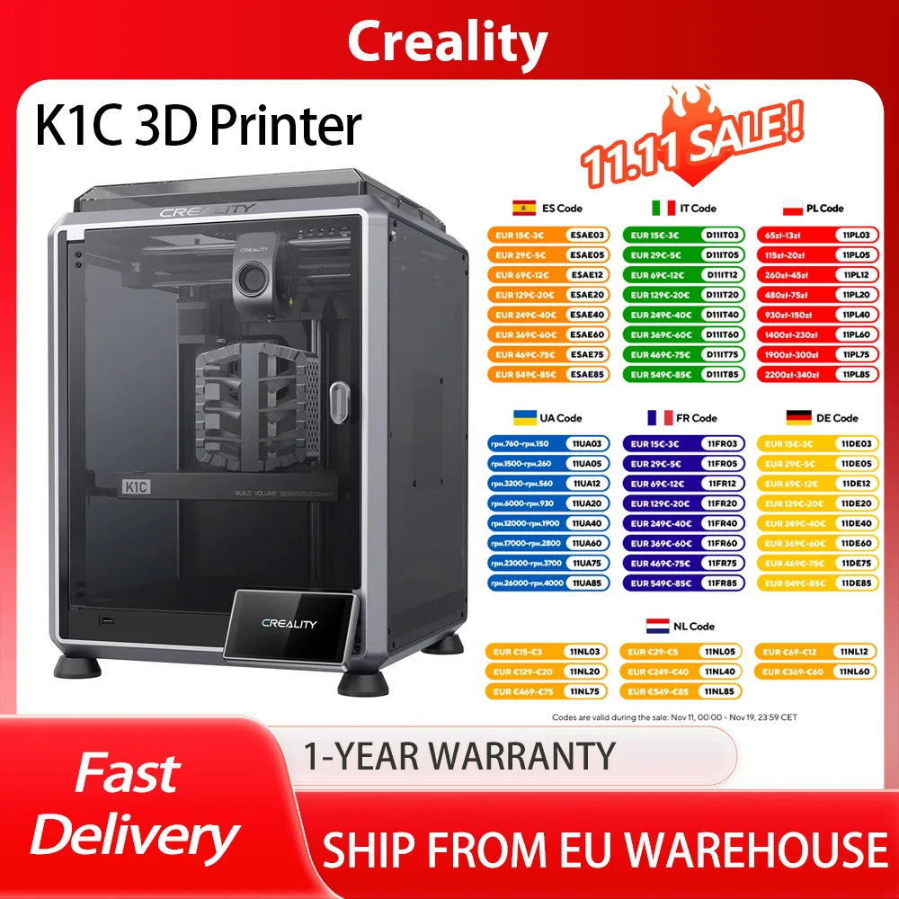 Creality K1C 3D Printer, 600mm/s Max Speed, AI Camera, Quick Swap Nozzle, All Metal Extruder, Prints Carbon Fiber, Air Filter an