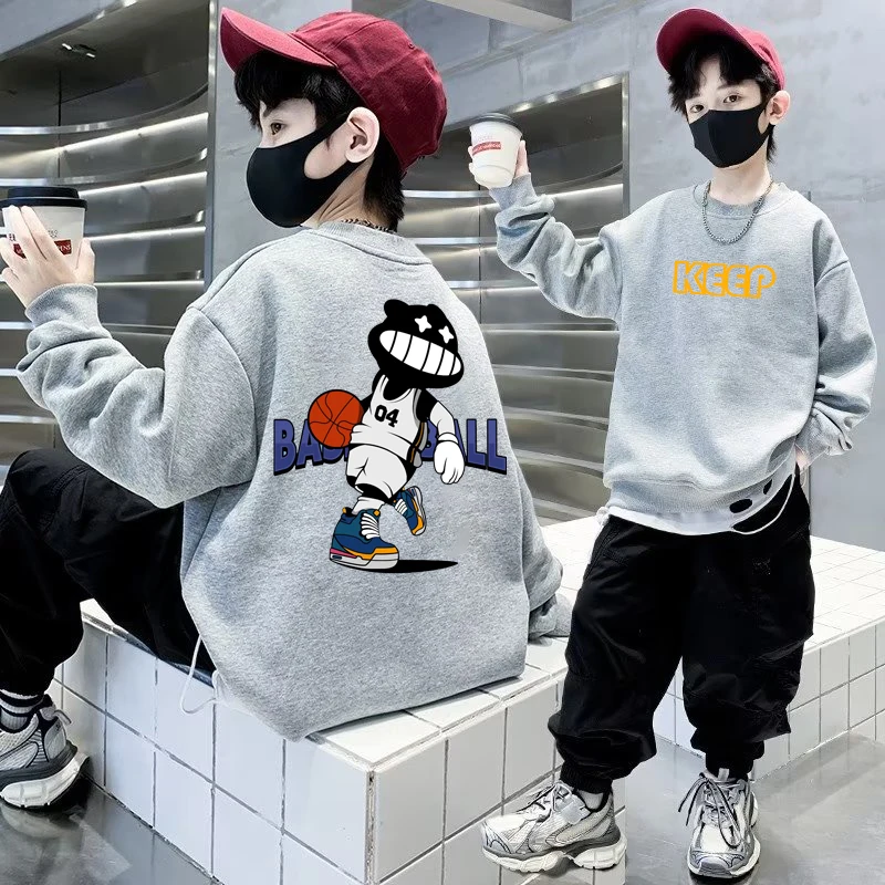 

New Boys Cotton Sweatshirts 110-160 Spring Long Sleeved Cartoon Top for Kids White Trendy Printed Sportswear Children's Clothes