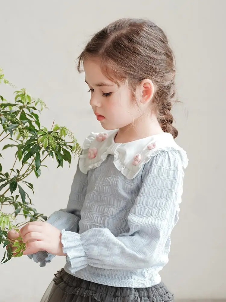 Sweet Light Blue Girls Tshirt Spring Long Sleeve Flower Collar Wrinkled T-shirt Spring Autumn Korean Style Baby Girl Tees