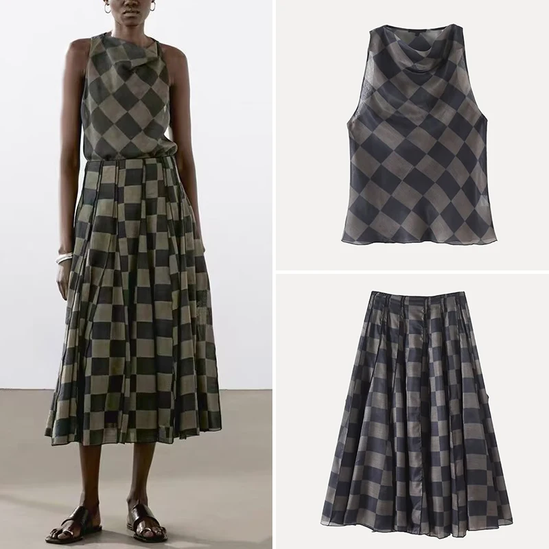 Z 2025 novedad de verano, Top Svel para mujer y falda Midi plisada, conjunto Faion de fibra de poliéster hecho en China