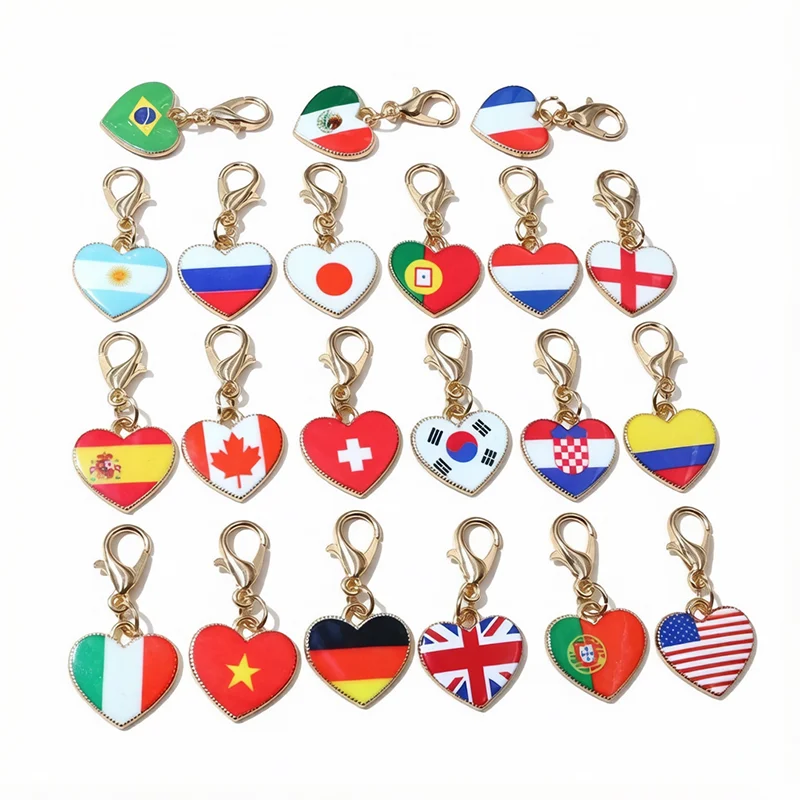 10pcs Enamel National Flags of Countries Heart Charms Pendant with Lobster Clasp DIY Jewelry Accessories for Keychain Bracelet