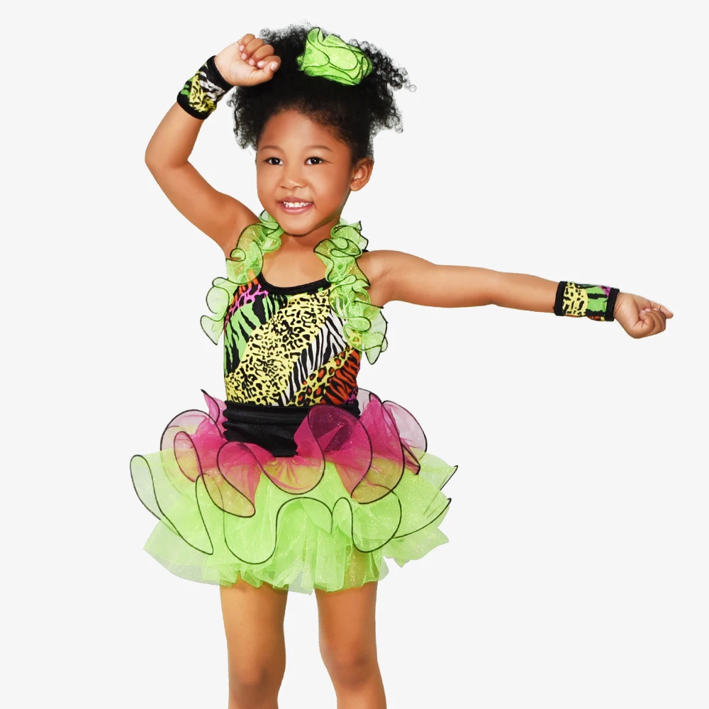 MiDee Jazz Dance Costumes Girls Kids Ruffle Tutu Dress Leopard Print Pattern Stage Performance