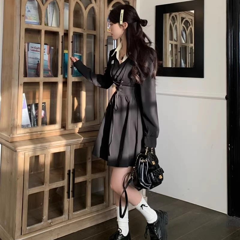 Lace-up Fake Two-piece Dresses Women Autumn New High Waist Thin A-line Polo-neck Long Sleeve Solid Color Fashion Dresses Female