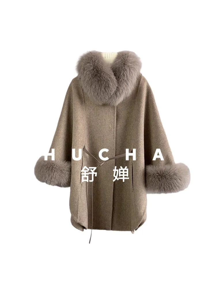 

70% шерстяное пальто, женское новое теплое двустороннее шерстяное пальто с большим меховым воротником, съемное пальто из натурального лисьего меха